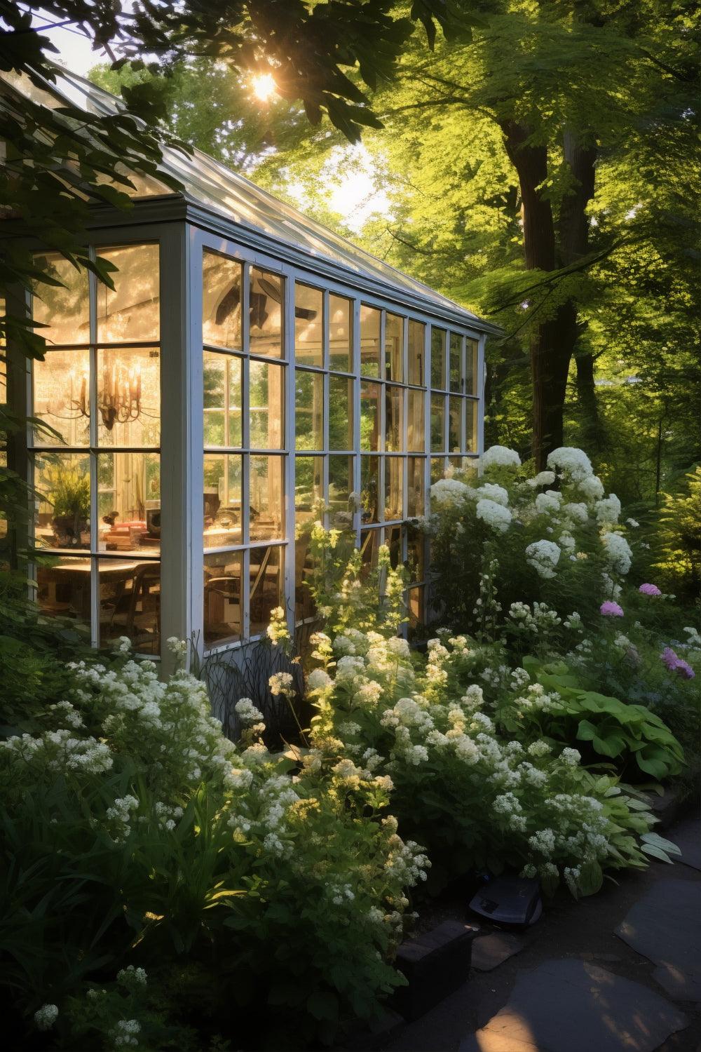 greenhouse with hydrangeas