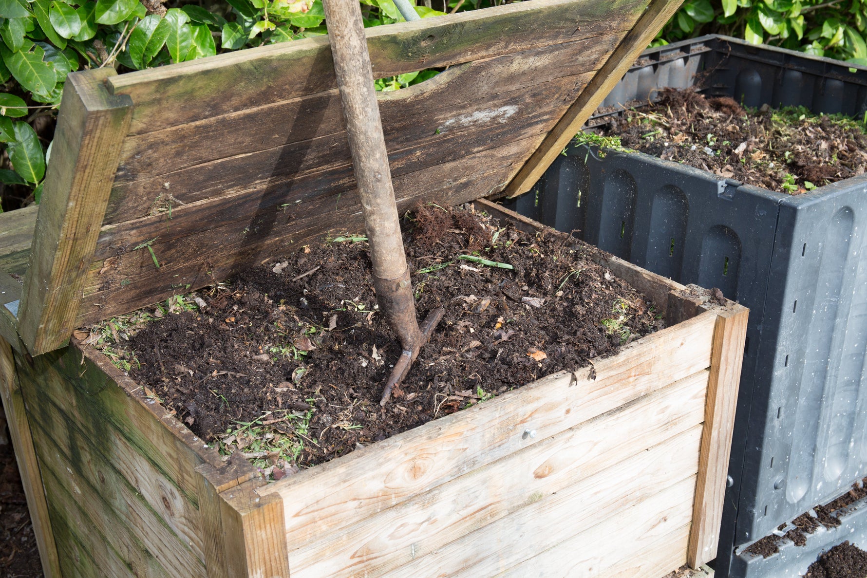 Compost heap with garden fork in