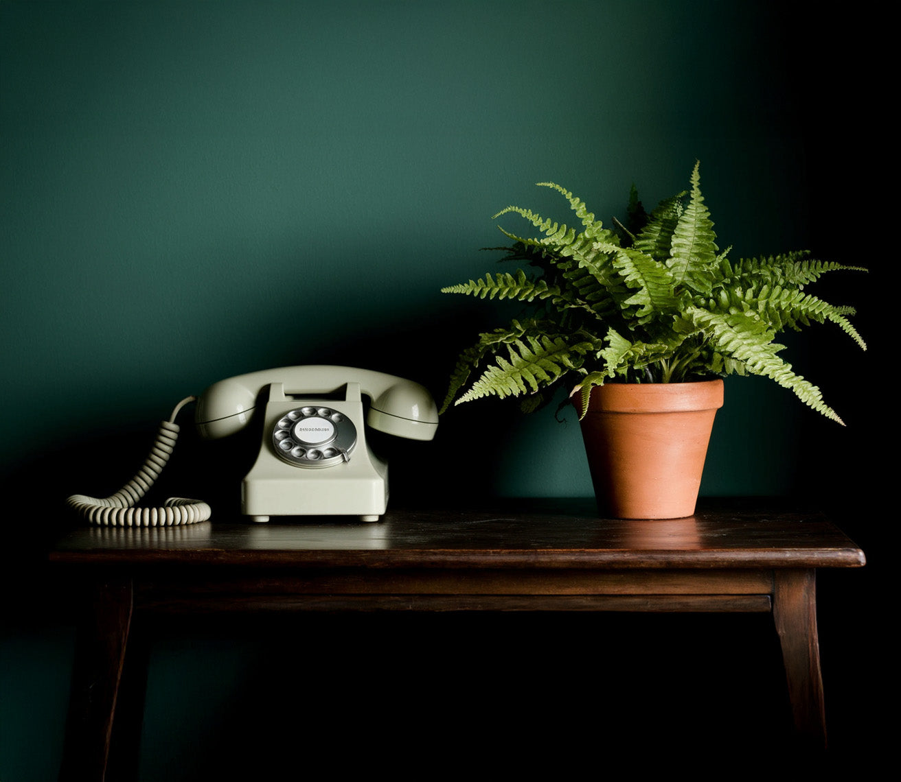 Landline and houseplant on a table.