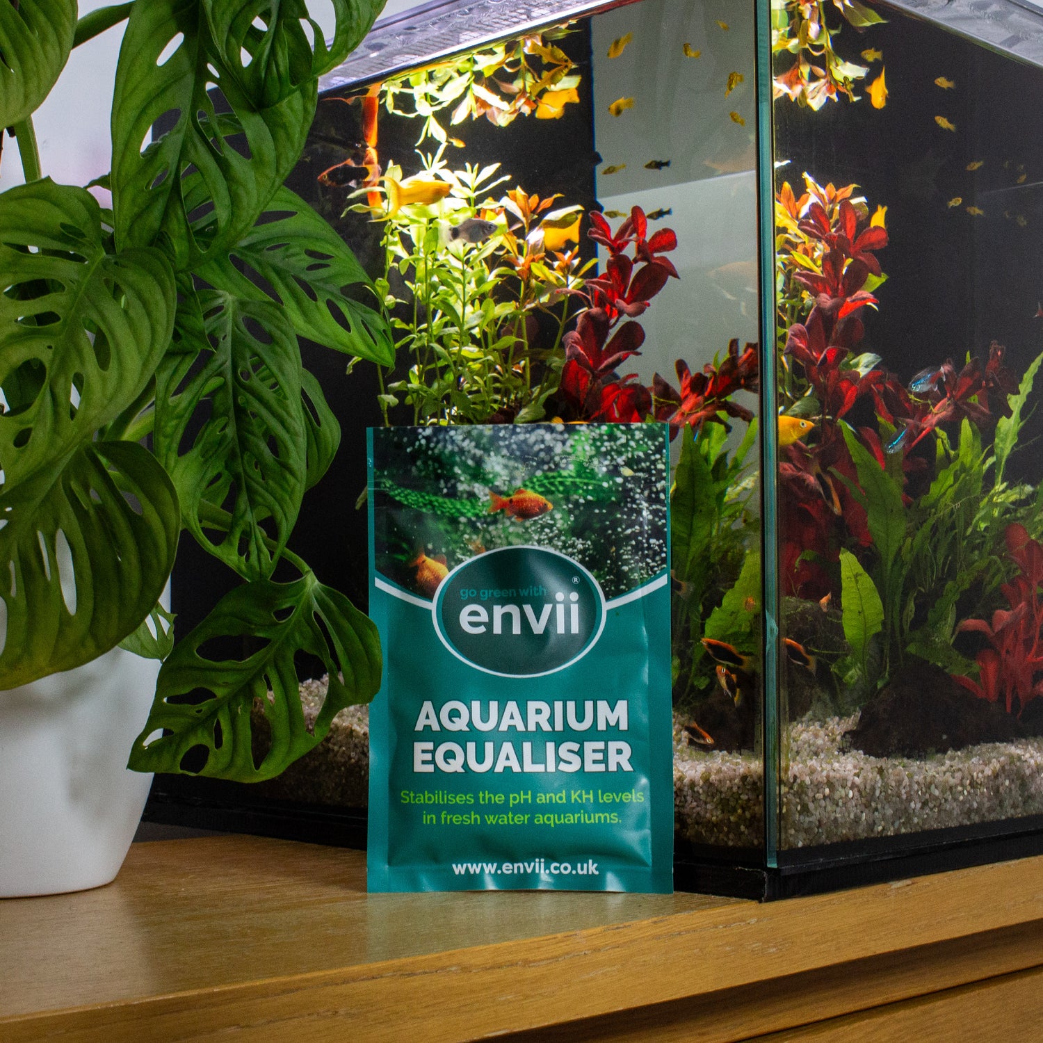 Aquarium Equaliser in front of an aquarium with fish and plants.
