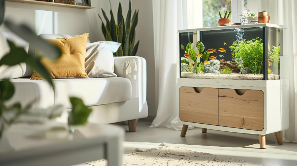 An aquarium on top of a unit in a well decorated living room