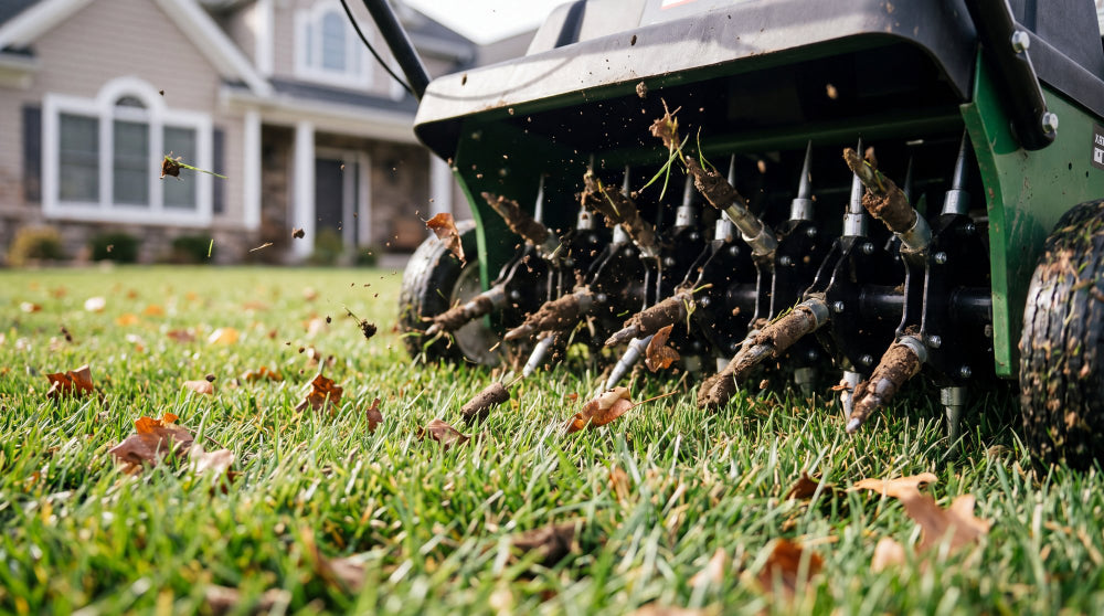 An undershot of a mechanical aerator rotating and pulling plugs of soil