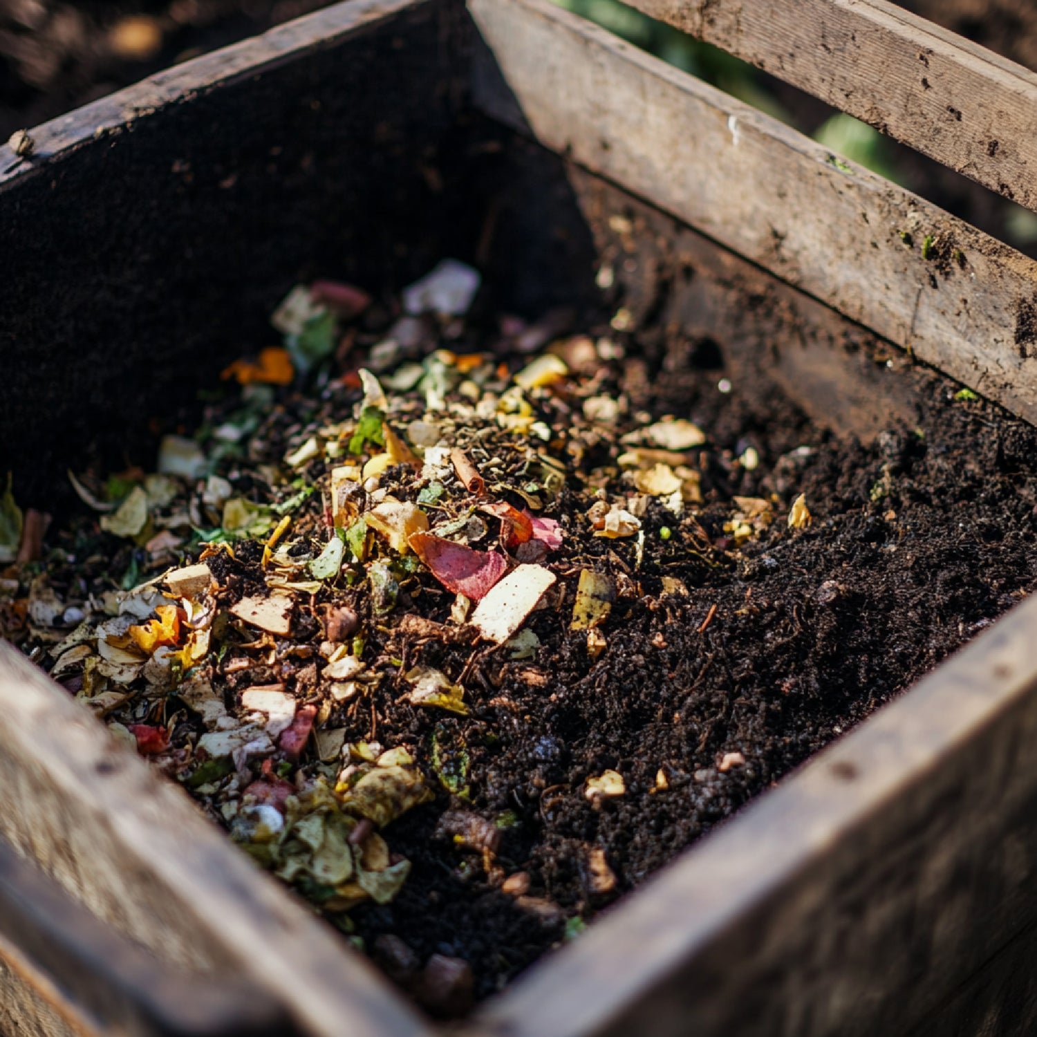 A compost pile with vegetable peels sitting on the top