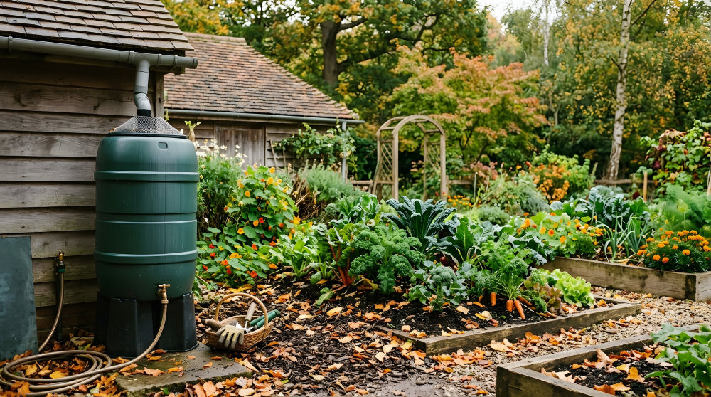 A water butt connected to the downpipe of a large shed in an allotment.